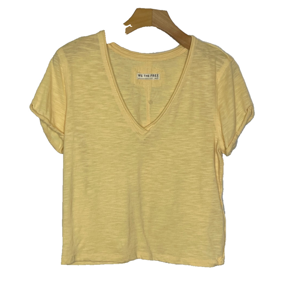Women's XS We the Free Yellow Cotton Blend V-Neck Short Sleeve Cropped Tee